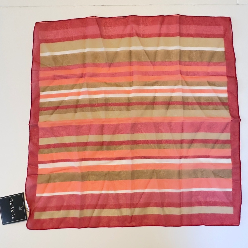 George Square Scarf Red Pink Orange Tan Striped Made in Italy NWT